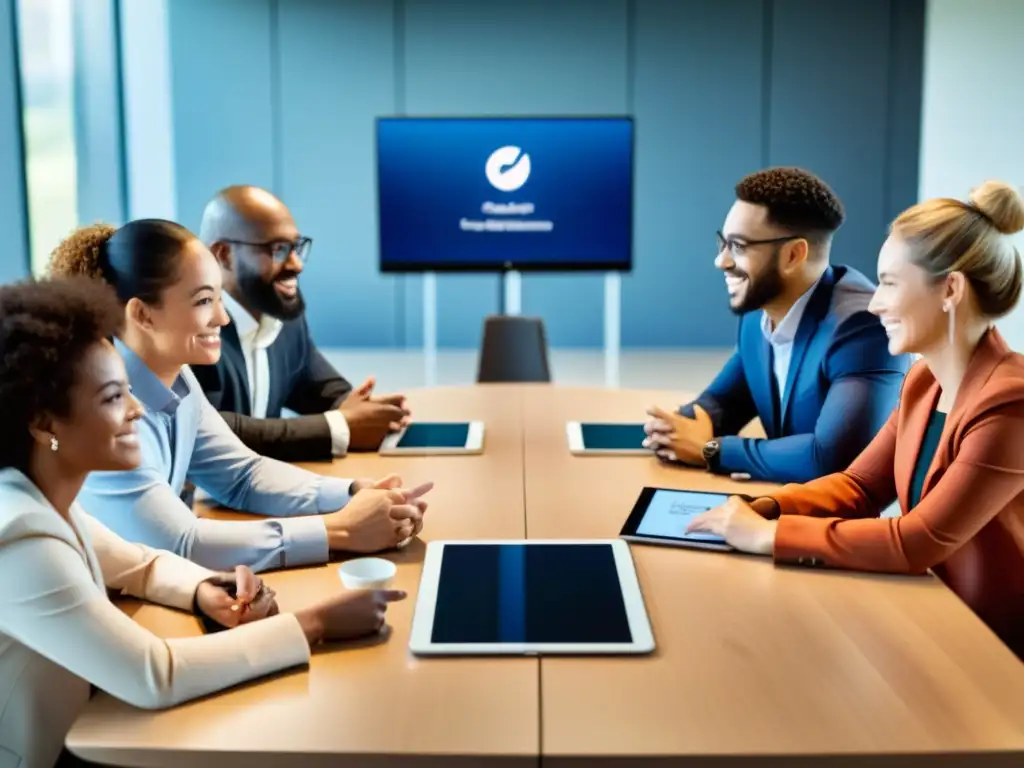 Imagen de diversidad cultural en reunión colaborativa, con tecnología como herramienta de reconciliación