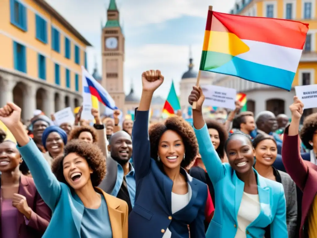 Imagen de diversidad cultural y unidad por la cooperación internacional en derechos humanos, con manifestantes y pancartas en una ciudad vibrante