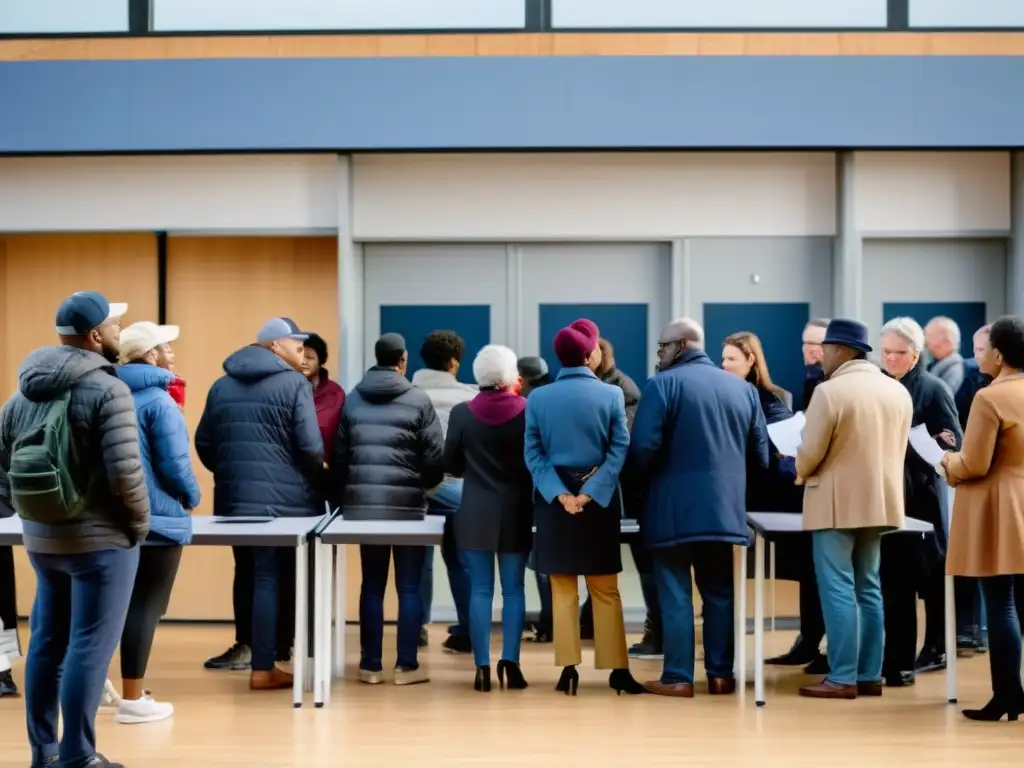 Una imagen documental de alta resolución de una bulliciosa estación de votación durante un día de elecciones, con votantes haciendo fila afuera del edificio, funcionarios electorales asistiendo a los ciudadanos, y un sentido de participación democrática y compromiso cívico