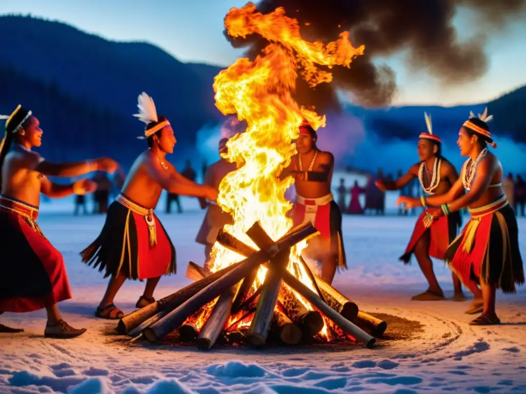 Imagen documental de festividades indígenas promueven derechos, con danza tradicional alrededor de una fogata brillante