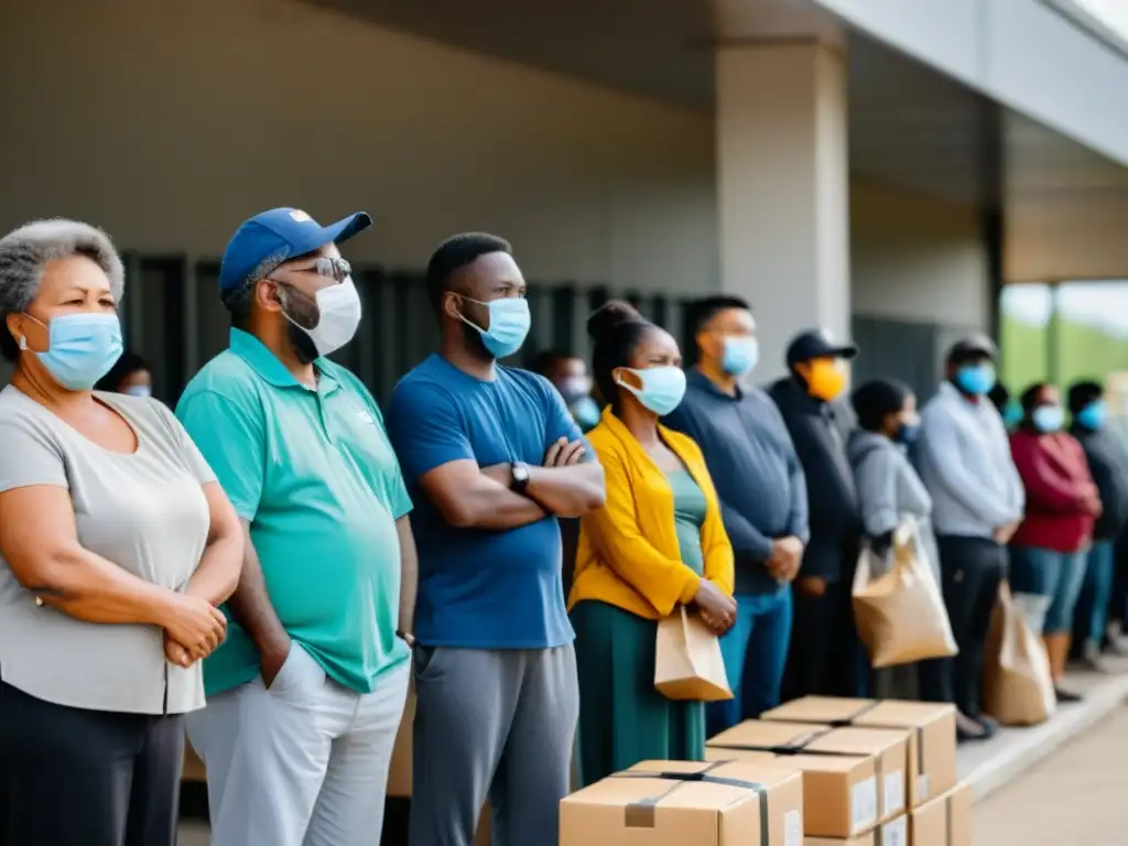 Imagen documental de personas esperando en fila afuera de un centro de distribución de alimentos durante la pandemia