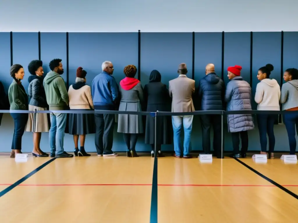 Una imagen documental de alta resolución muestra a una diversa multitud esperando en fila para votar en una estación electoral