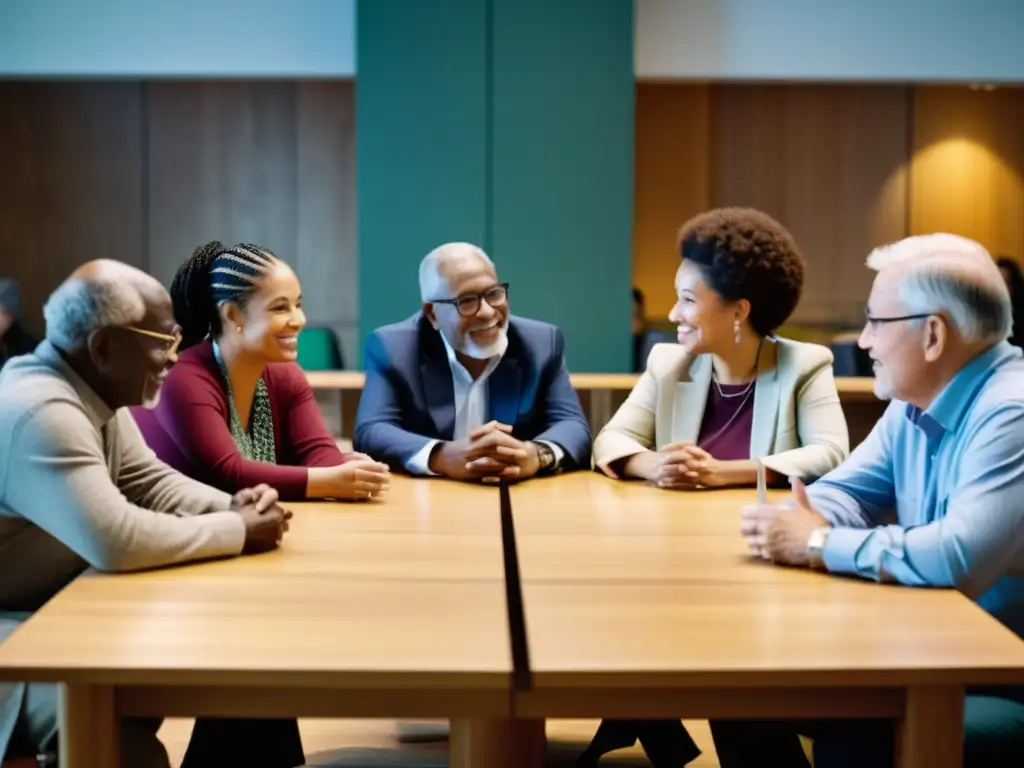 Una imagen documental de alta resolución que muestra a un grupo diverso de personas de diferentes culturas y generaciones reunidas alrededor de una mesa compartida, participando en una discusión o actividad colaborativa