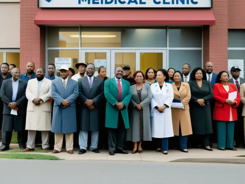 Una imagen documental de alta resolución muestra una larga fila de personas esperando afuera de una clínica médica gratuita en un vecindario de bajos ingresos