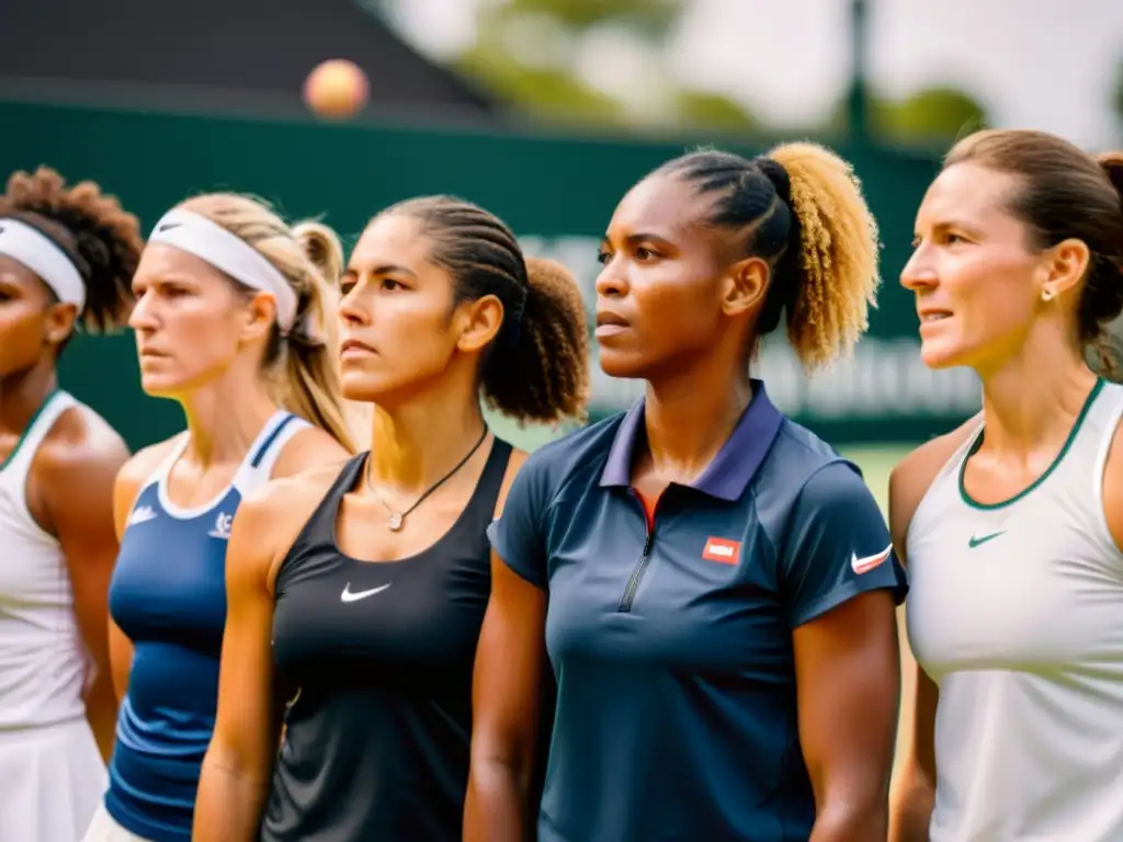 Imagen documental de tenistas unidos en la cancha, desafiando el racismo y sexismo en el tenis con determinación y fuerza inclusiva