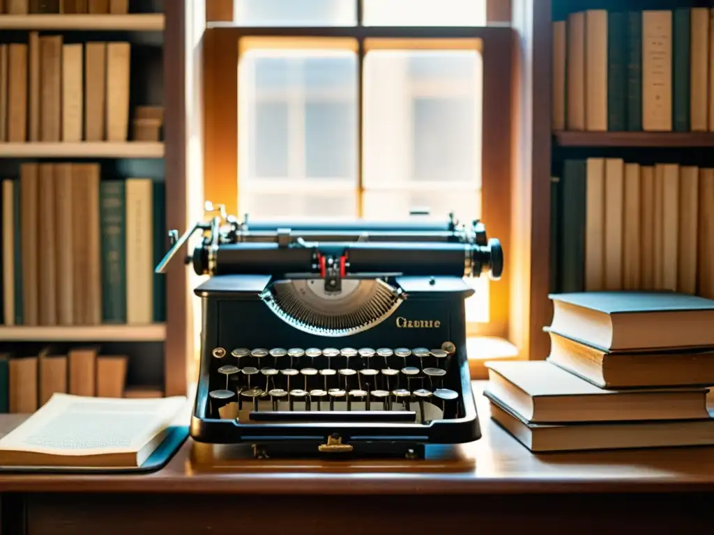 Una imagen evocadora de una antigua máquina de escribir rodeada de libros polvorientos, iluminada por la cálida luz natural