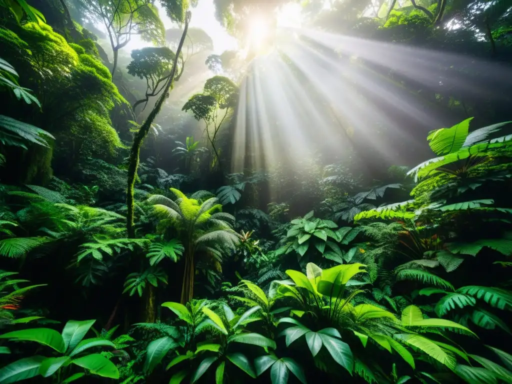 Imagen en 8K de un exuberante y biodiverso bosque lluvioso, mostrando la interacción de especies y el equilibrio natural