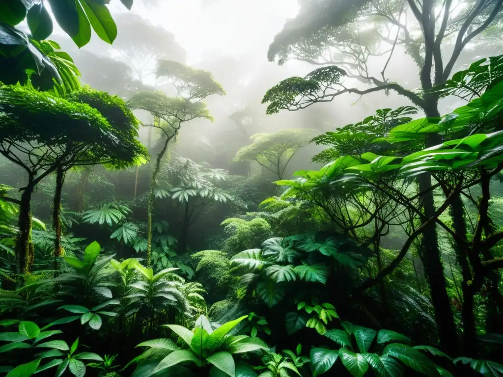 Imagen de un exuberante dosel de selva tropical con luz solar filtrándose entre las densas hojas, resaltando los distintos tonos de verde