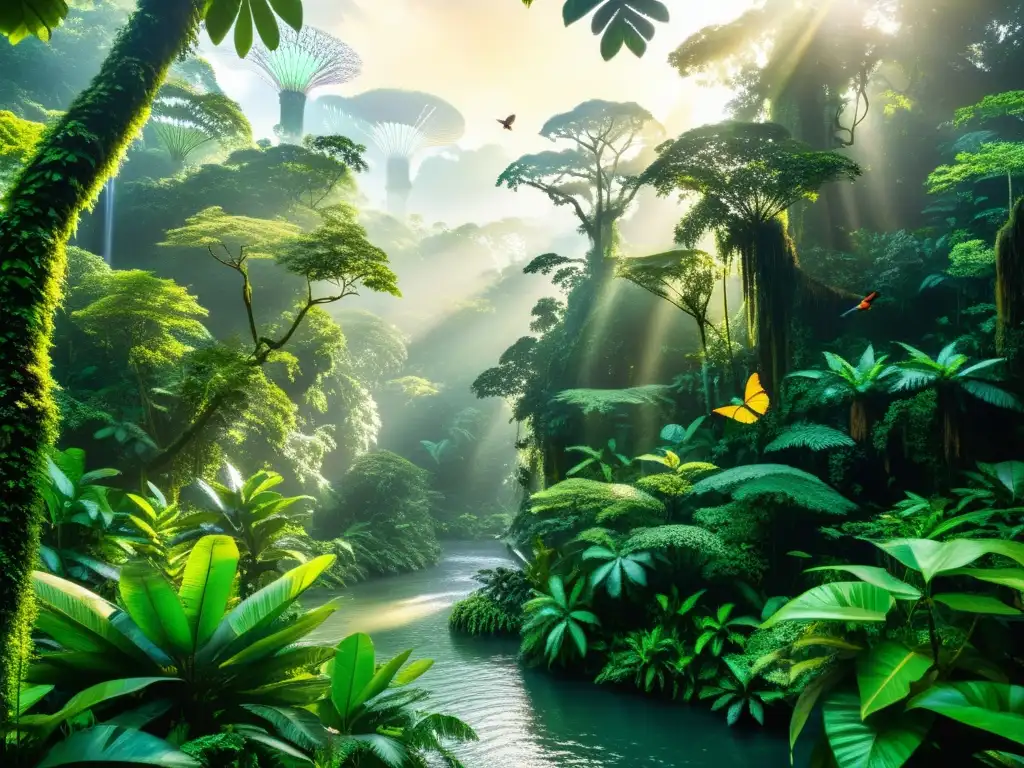 Imagen de un exuberante y vibrante bosque tropical con río cristalino, aves y mariposas