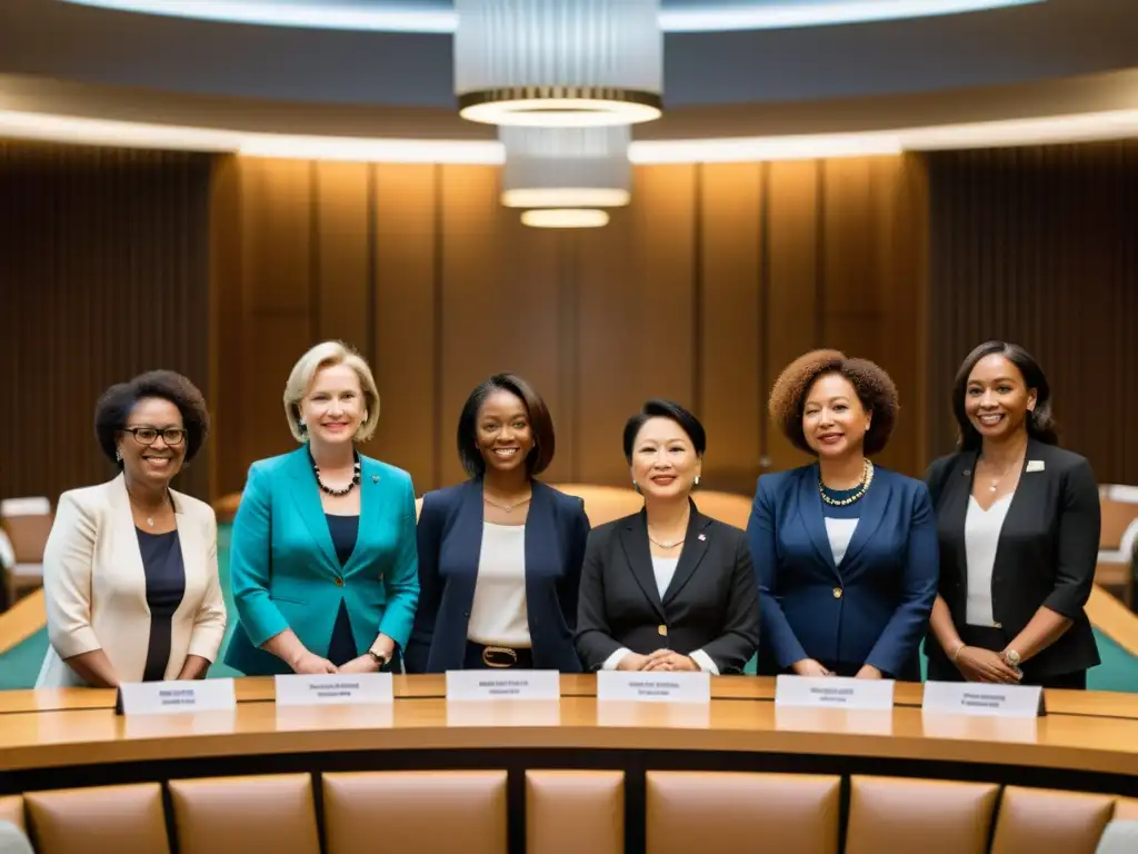 Imagen de representación femenina en la política global, con líderes políticas poderosas en una discusión profesional y determinada