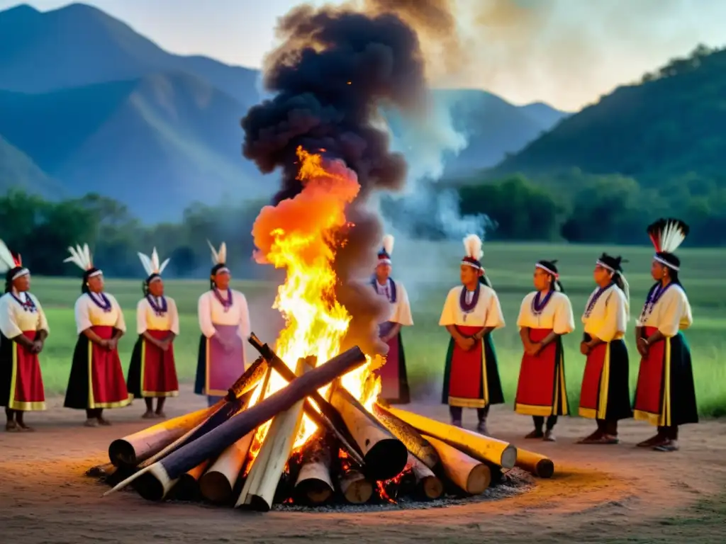 Imagen de festividades indígenas con danza ceremonial alrededor de una fogata, expresando orgullo cultural y unidad