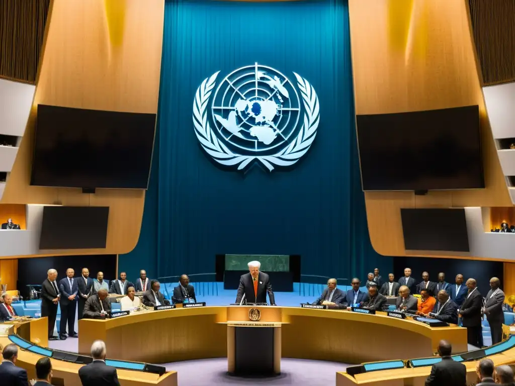 Imagen 8k de la firma de la Declaración Universal de Derechos Humanos en 1948 en la Asamblea General de la ONU, reflejando la diversidad de delegados de diferentes países