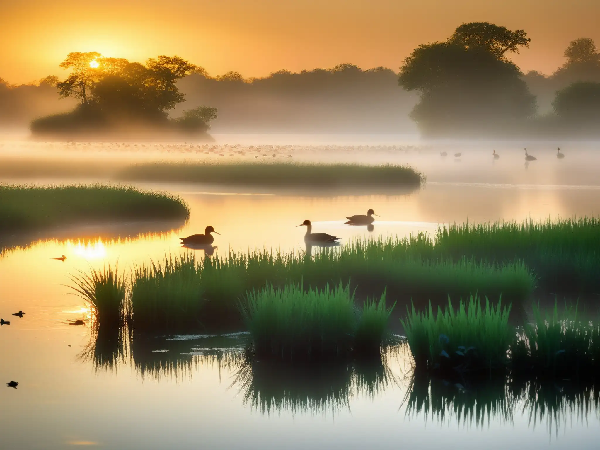 Imagen de humedal al amanecer, con diversidad de aves en su hábitat natural