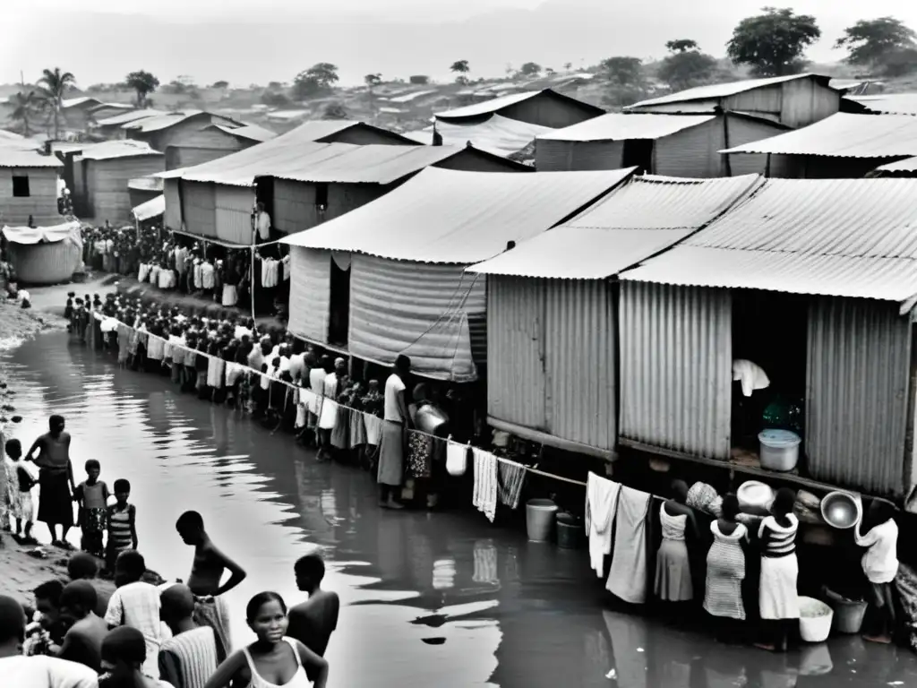 Imagen impactante de una abarrotada barriada urbana en blanco y negro, con viviendas precarias y personas esperando en una bomba de agua