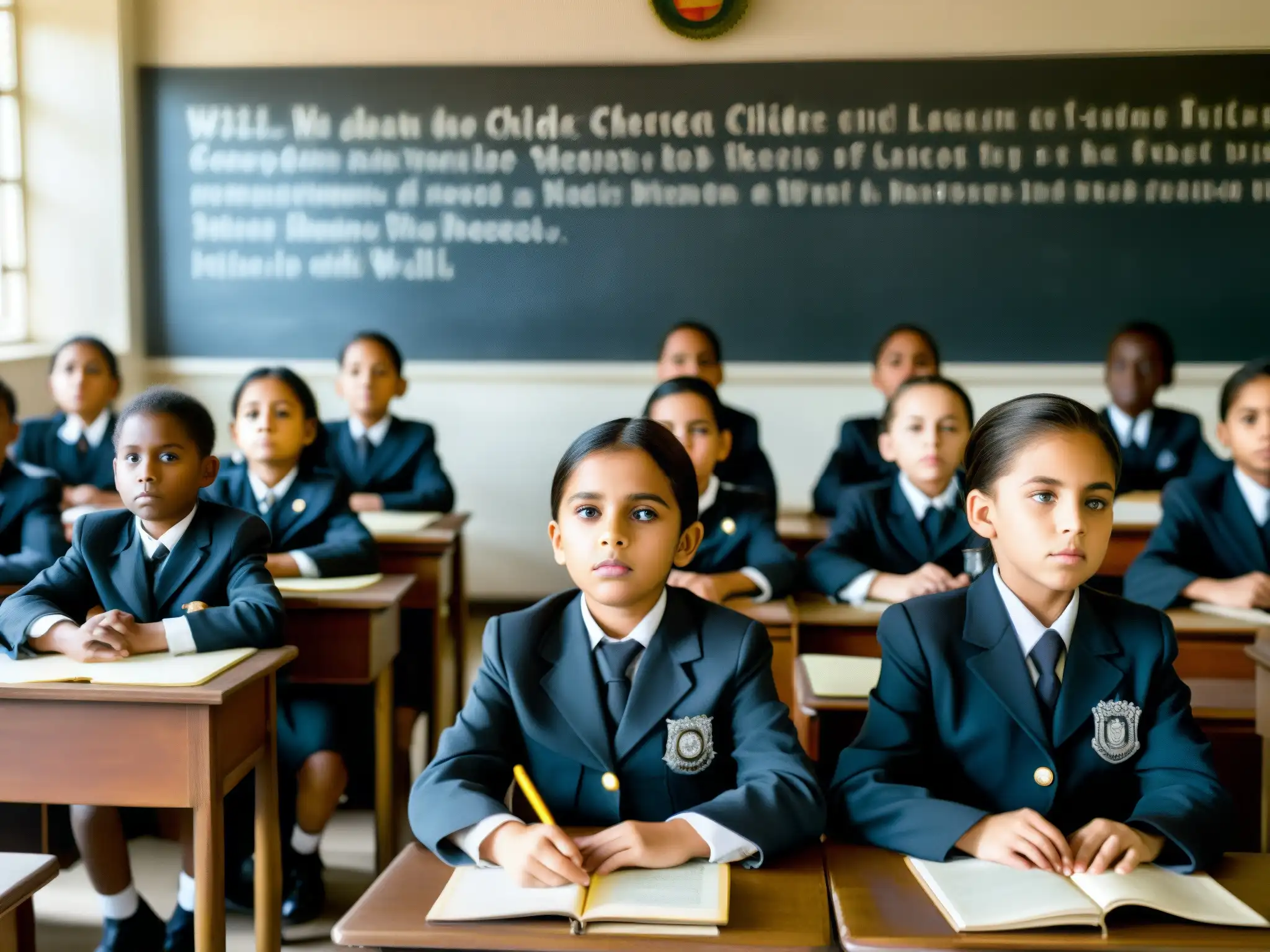 Imagen impactante del adoctrinamiento en educación: niños en un aula austera escuchan a su maestra bajo la mirada de líderes políticos en carteles