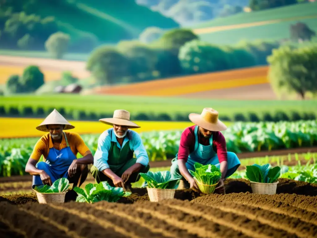 Imagen impactante de agricultores locales trabajando juntos en un campo vibrante, destacando la función de la agricultura local en crisis alimentaria