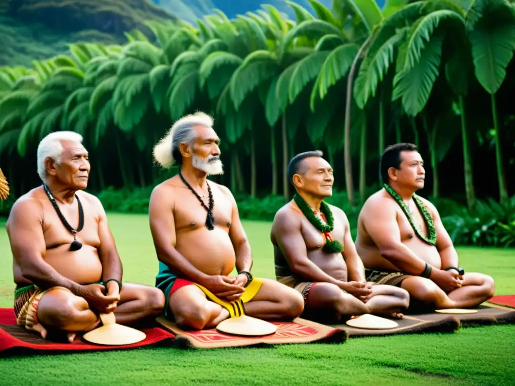 Imagen impactante de ancianos Rapa Nui en ceremonia tradicional, rodeados de exuberante naturaleza