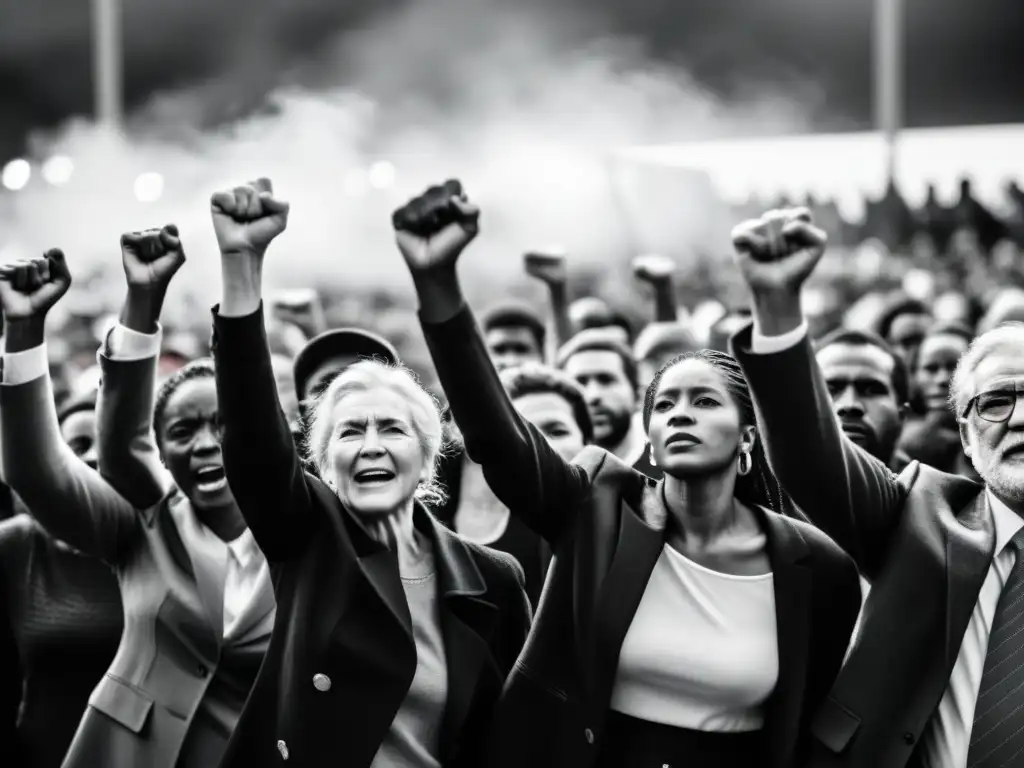 Imagen impactante en blanco y negro de personas de diferentes edades y orígenes unidas en un gesto de lucha