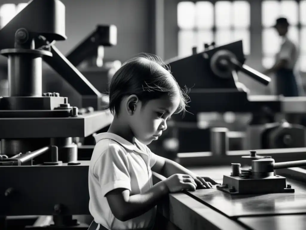 Imagen impactante en blanco y negro de un niño trabajando en una fábrica, con la sombra de una figura corporativa al fondo