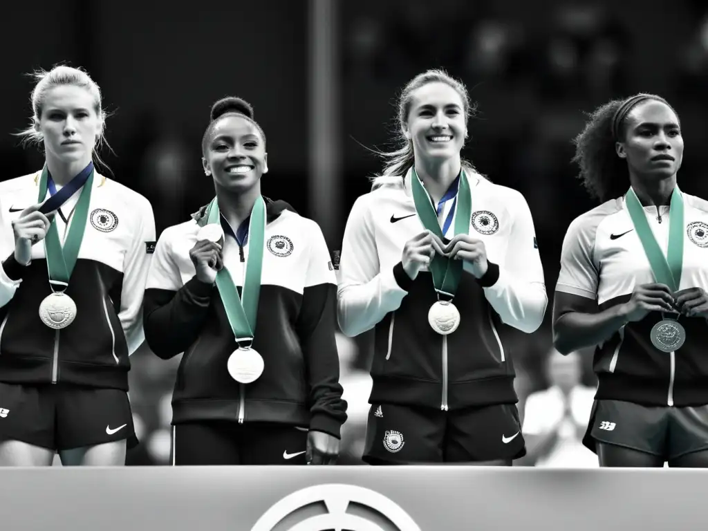 Imagen impactante en blanco y negro de atletas femeninas unidas en el podio, reflejando fuerza y determinación en la lucha contra discriminación de género en el deporte