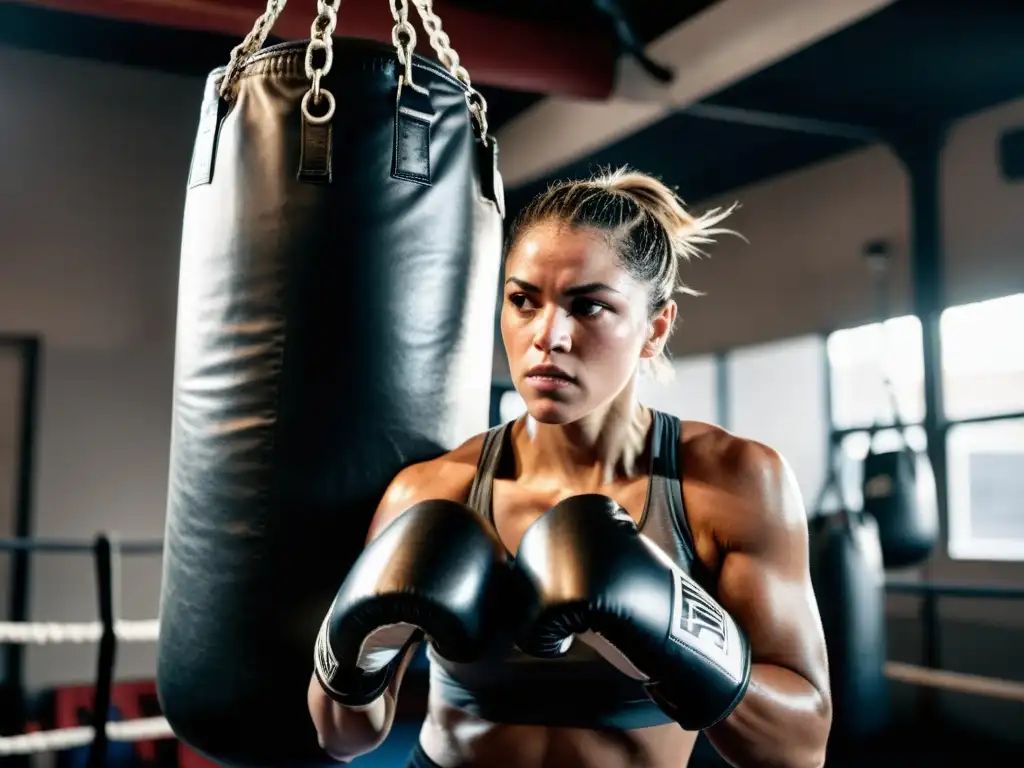 Retrato impactante de una boxeadora determinada en un gimnasio urbano Imagen impactante de una boxeadora determinada en un gimnasio urbano, reflejando el impacto del boxeo en reinserción social