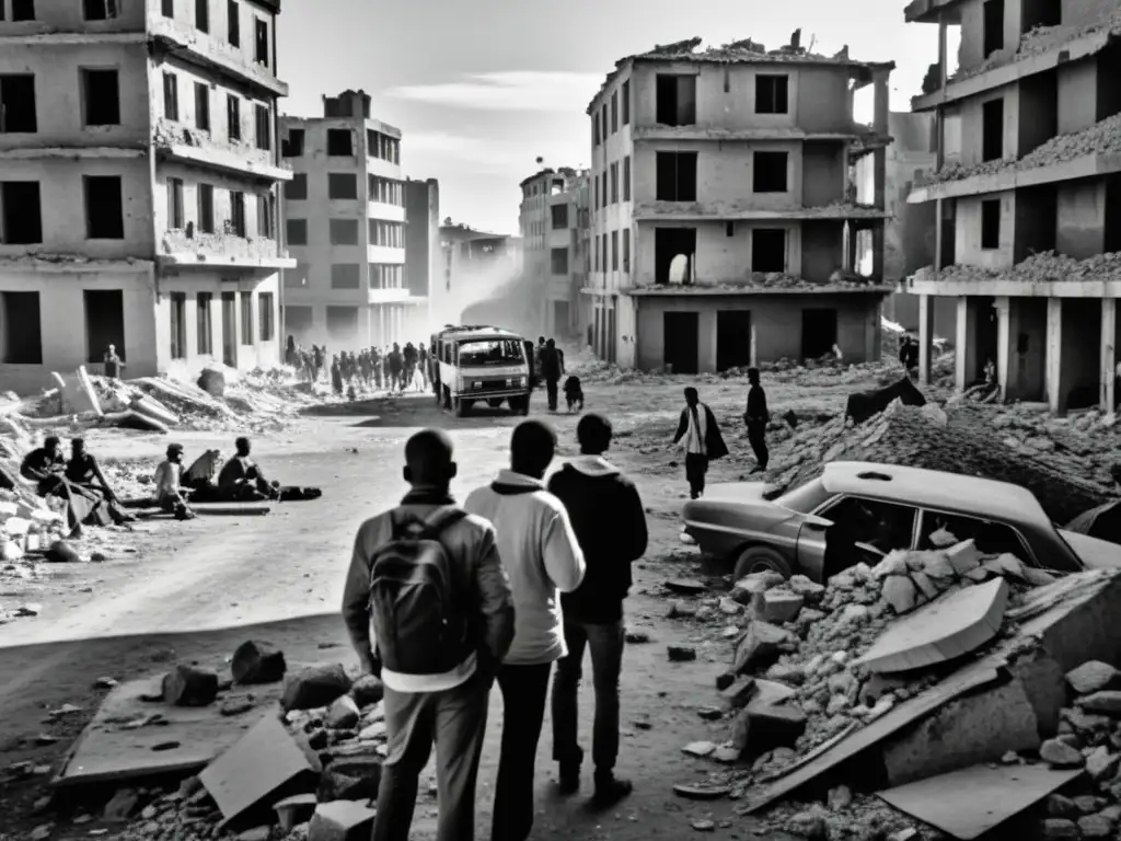 Refugio entre ruinas: crisis humanitaria en zonas de conflicto Imagen impactante de una ciudad devastada por la guerra, con civiles buscando refugio entre escombros