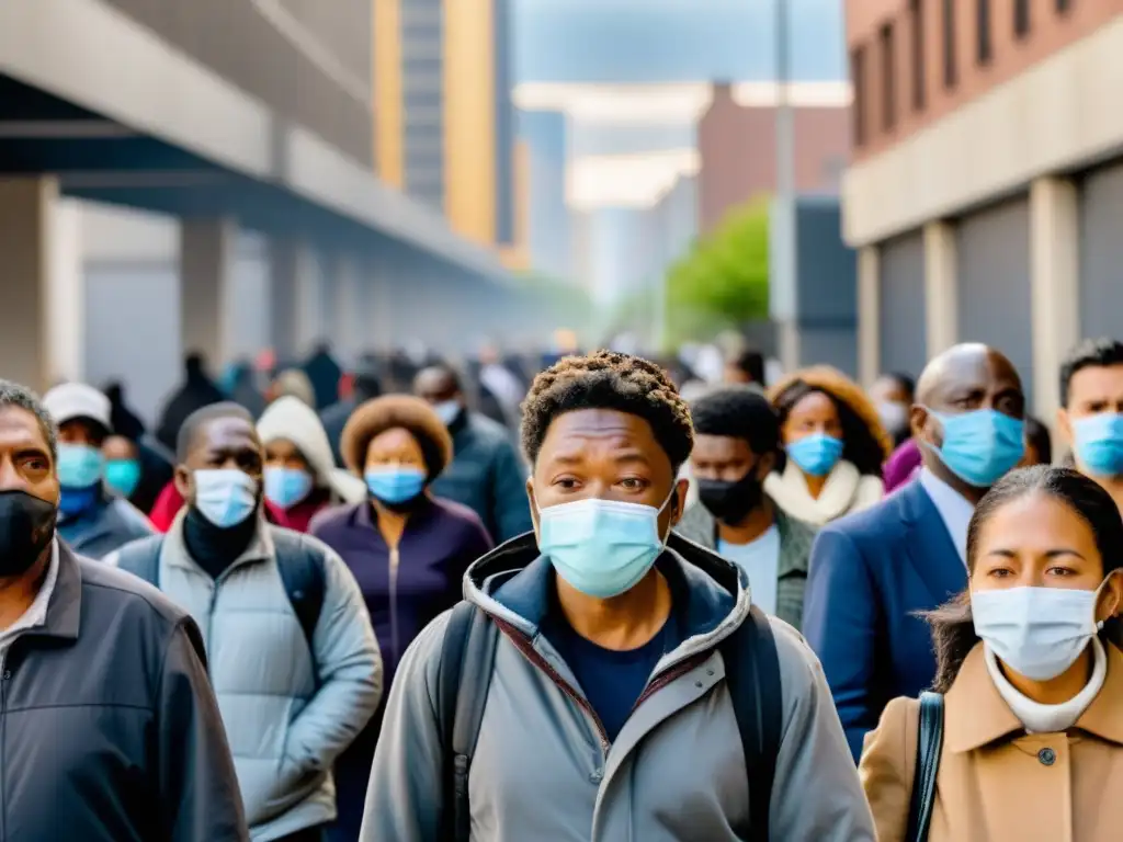 Imagen impactante de desigualdad por pandemias: personas con y sin recursos usando mascarillas, reflejando discriminación y pobreza