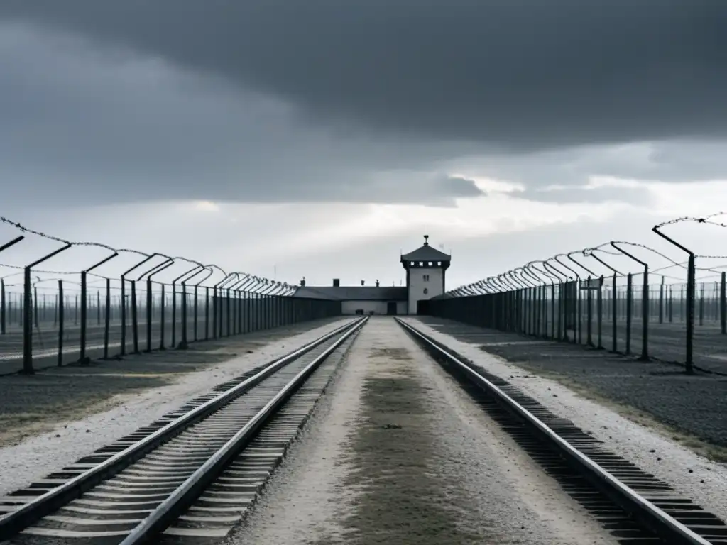 Imagen impactante de un desolado campo de concentración, con alambradas y torres de vigilancia