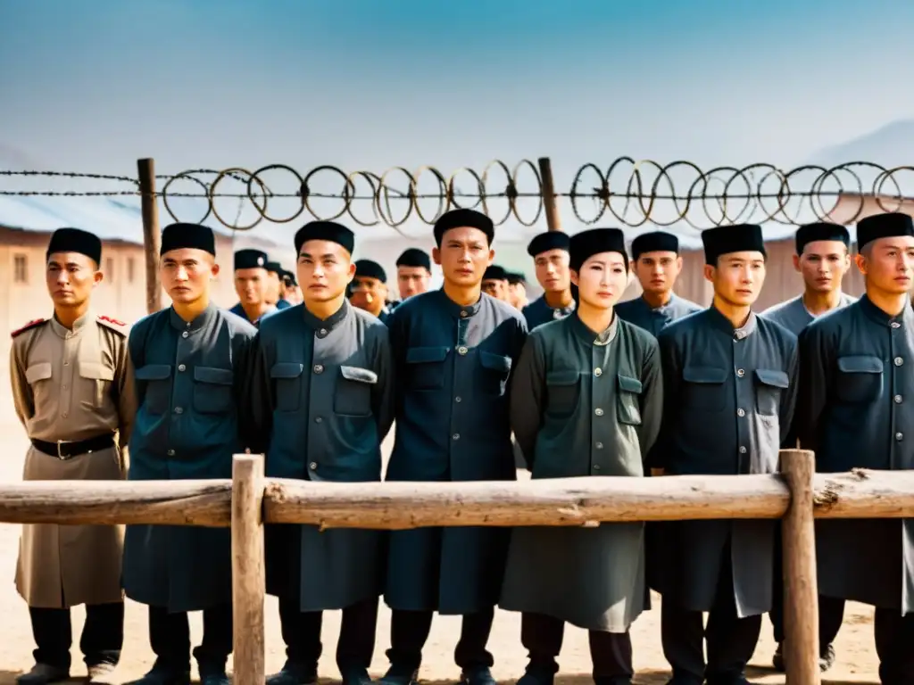 Imagen impactante de detenidos uigures en campo de reeducación en Xinjiang, reflejando la represión de derechos humanos