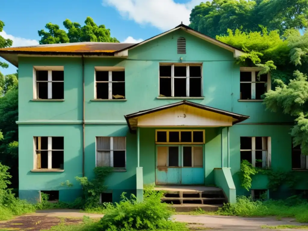 Imagen impactante de un deteriorado edificio escolar con pintura descascarada, ventanas rotas y vegetación creciendo alrededor