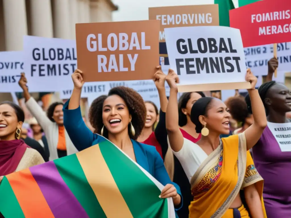 Imagen impactante de diversidad cultural en movimientos feministas globales, mujeres unidas en una manifestación con pancartas y trajes tradicionales