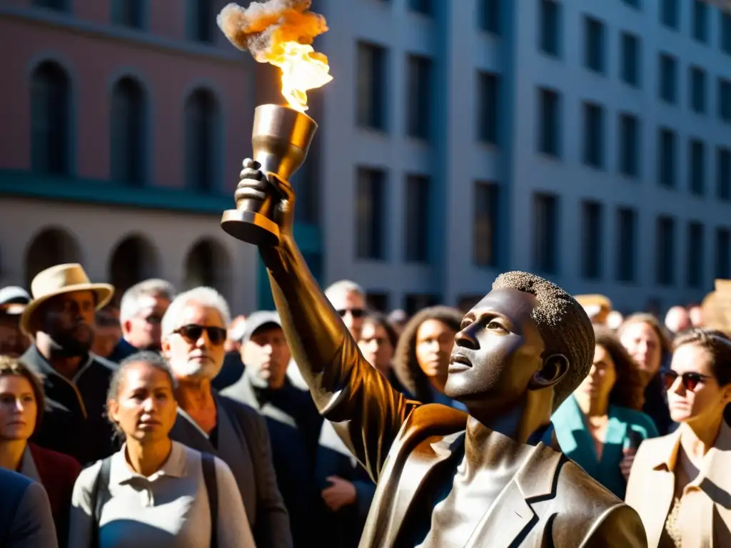 Imagen impactante de una escultura de bronce de un manifestante con expresión desafiante y antorcha en alto