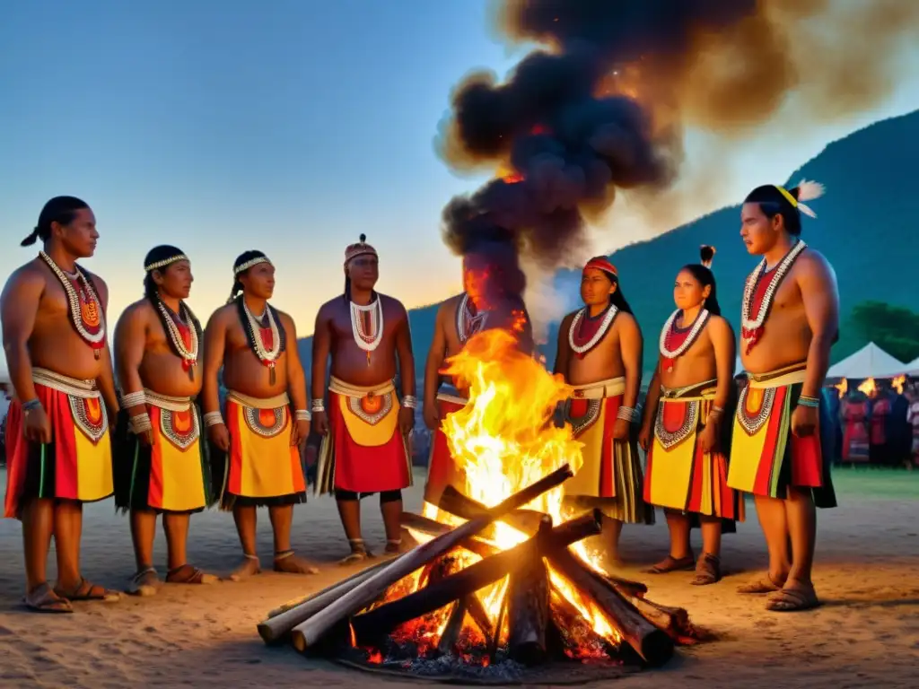 Imagen impactante de festividades indígenas que promueven derechos, con personas alrededor de una gran fogata, danzas y música tradicionales, vestimenta vibrante y rostros pintados