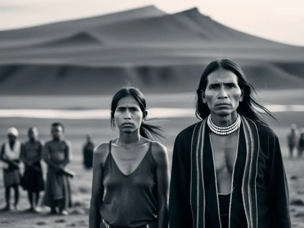 Imagen impactante de genocidios silenciados y derechos indígenas en la historia, con rostros indígenas y paisaje desolado