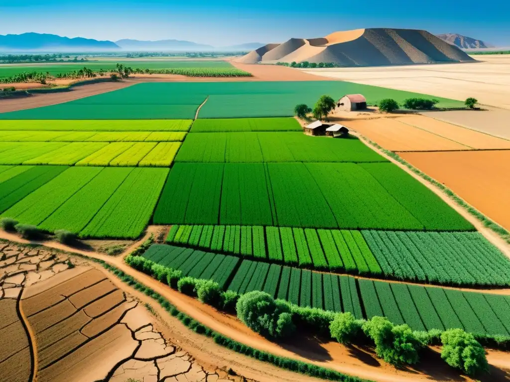 Imagen impactante de una granja de subsistencia afectada por el cambio climático, con tierras resecas y cultivos luchando por sobrevivir