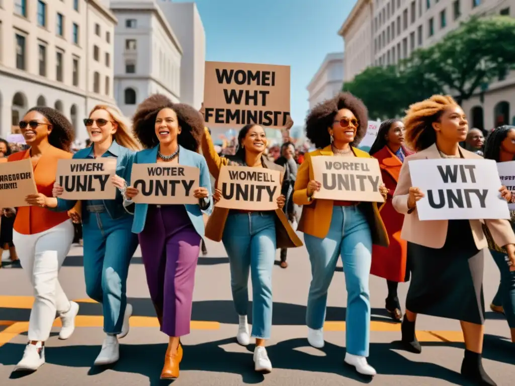 Imagen impactante de la histórica ruptura del feminismo: mujeres marchando con pancartas en protesta, mostrando fuerza y unidad