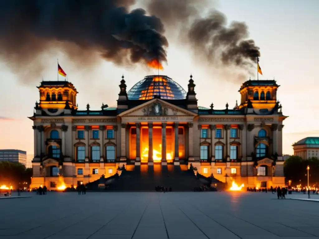 Imagen impactante del incendio del Reichstag Tercer Reich en Berlín, con el edificio envuelto en llamas y una atmósfera ominosa