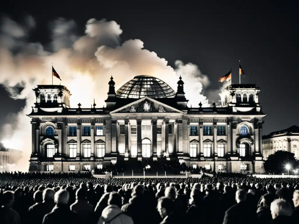 Imagen impactante del incendio del Reichstag Tercer Reich en Berlín, con llamas y humo, testigos impactados