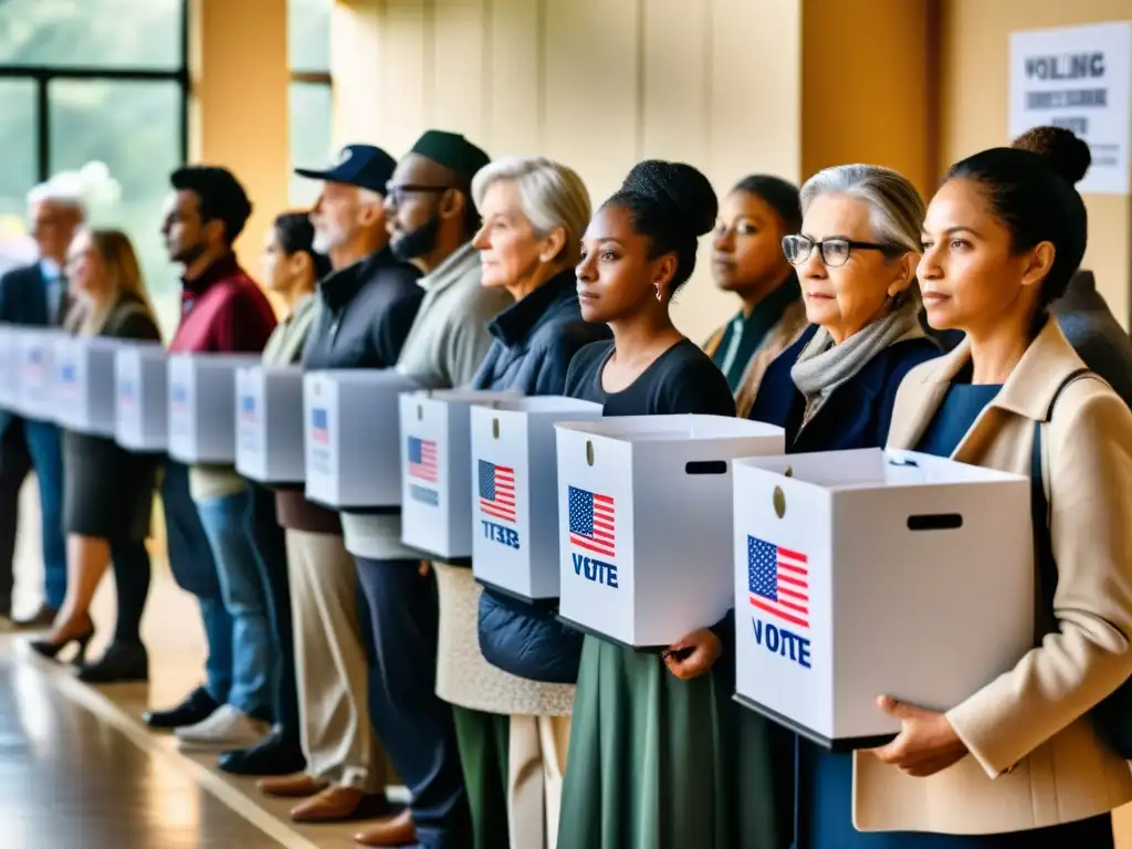 Imagen impactante de la integridad democrática en procesos electorales, con votantes de diversas edades y etnias haciendo fila para votar, expresando determinación y esperanza