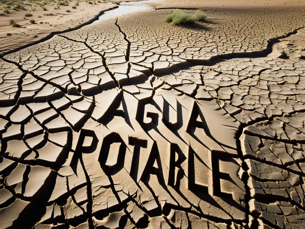 Imagen impactante de un lecho de río agrietado y seco, con tierra reseca y patrones de deshidratación