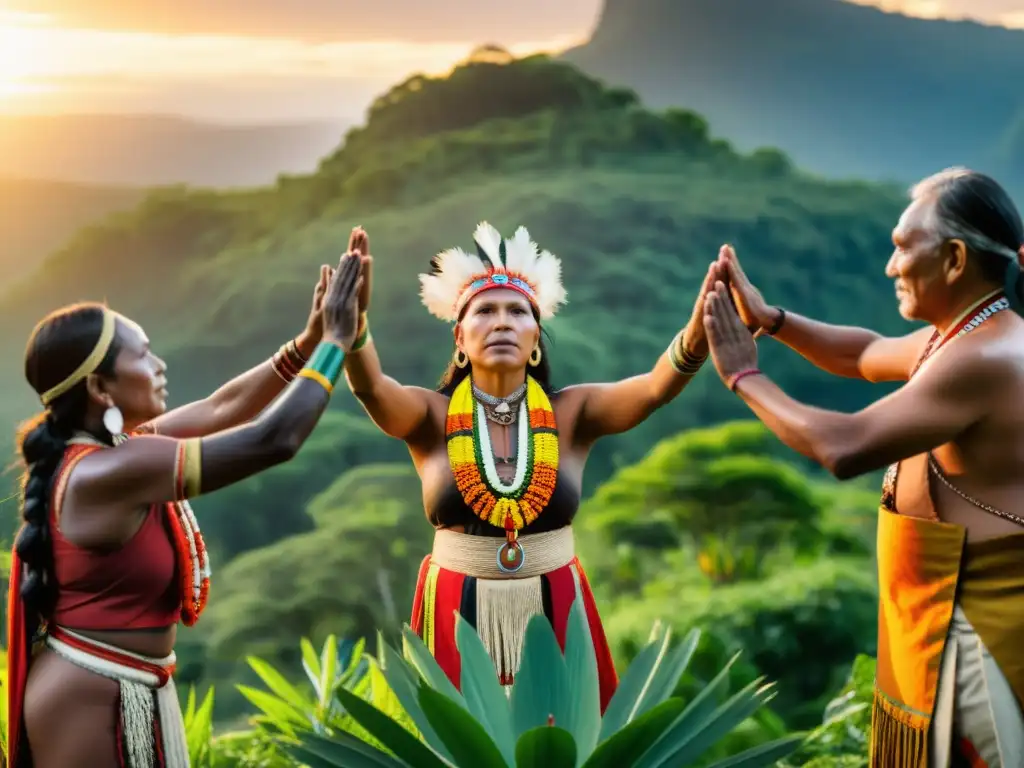 Imagen impactante de líderes indígenas en ritual tradicional, vestidos con atuendos ceremoniales vibrantes, rodeados de exuberante vegetación