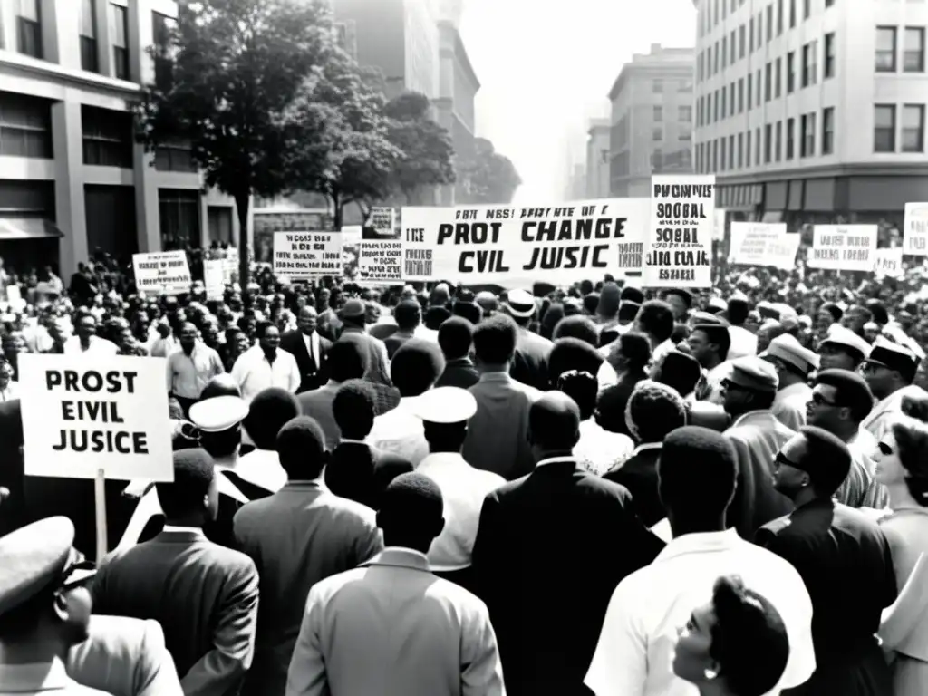 Imagen impactante de manifestación por derechos humanos en los 60s con música, protesta y diversidad