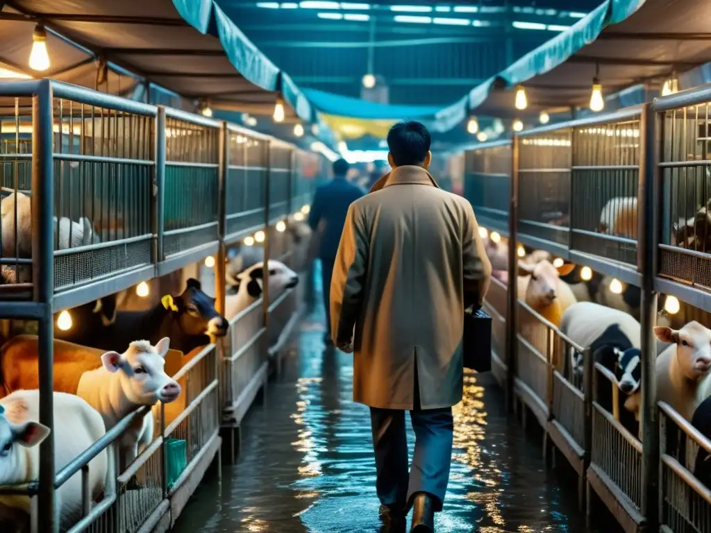 Imagen impactante de un mercado húmedo con animales enjaulados, reflejando el miedo y la angustia, alertando sobre zoonosis y derechos animales