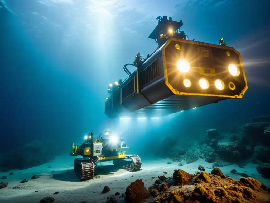 Imagen impactante de minería submarina con luces potentes iluminando el fondo marino, contrastando la naturaleza y maquinaria industrial