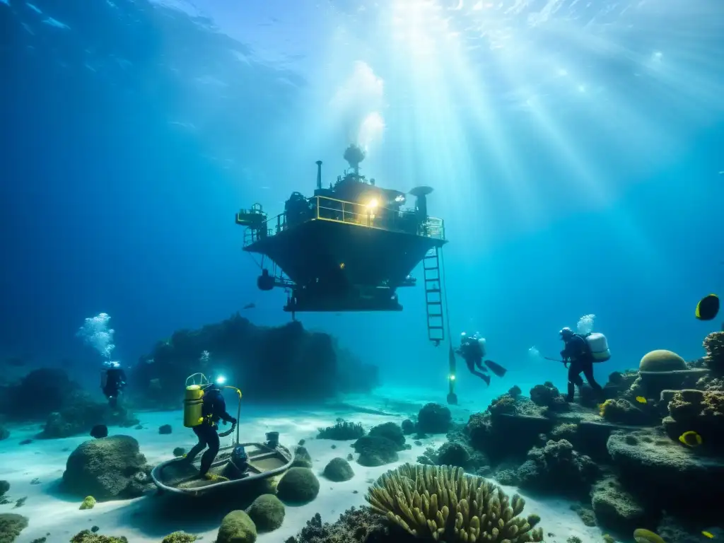 Imagen impactante de minería submarina y derechos humanos: maquinaria, trabajadores y vida marina en un entorno marino único