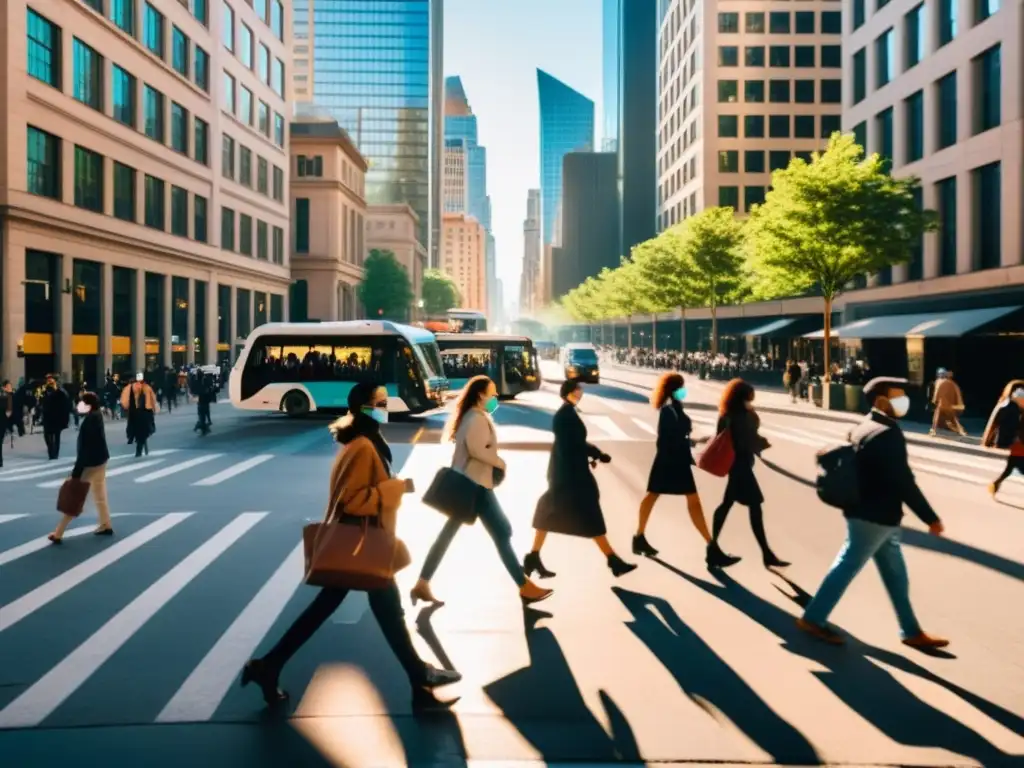 Imagen impactante de movilidad urbana durante la pandemia, con personas usando mascarillas y manteniendo distancia social en la bulliciosa calle de la ciudad