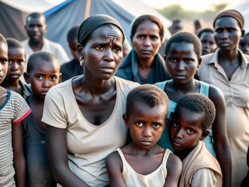 Imagen impactante de mujeres y niños en un campo de refugiados, reflejando la violencia sexual en zonas de conflicto