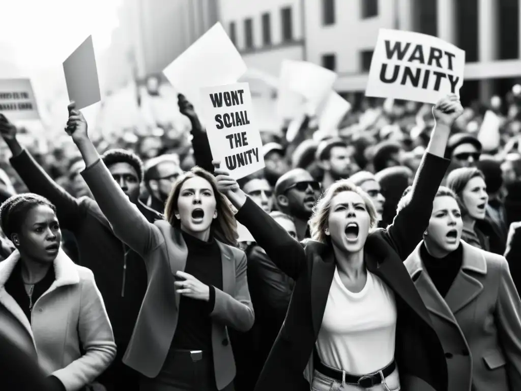 Imagen impactante de una multitud de manifestantes con pancartas, expresiones apasionadas y determinación