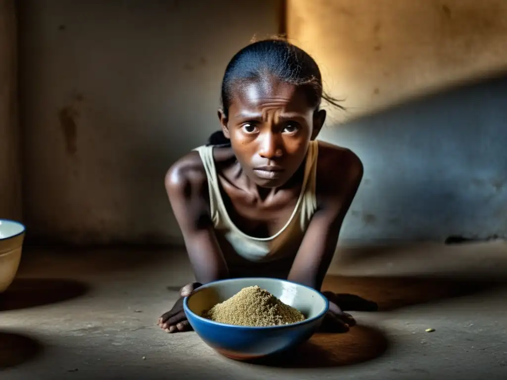 Imagen impactante de un niño desnutrido en una habitación tenue, rodeado de utensilios vacíos