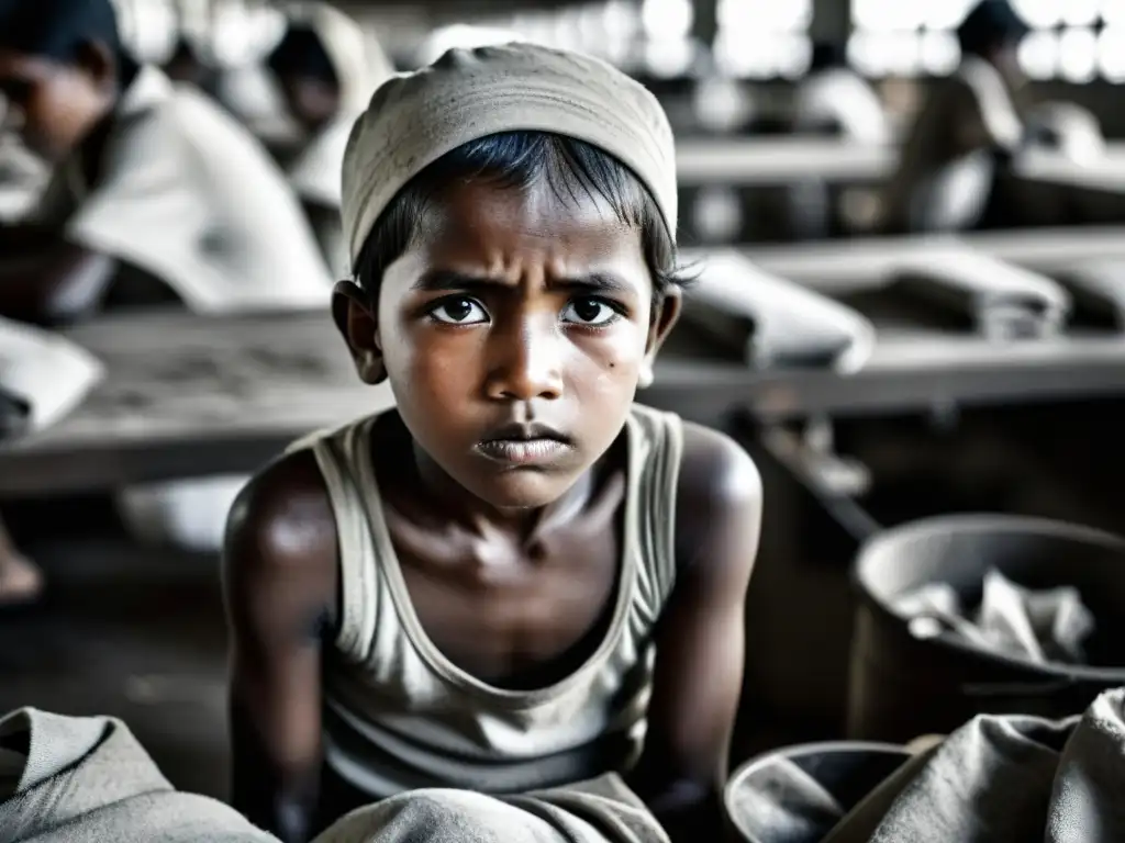 Imagen impactante de un niño trabajando en una fábrica, reflejando la dura realidad del trabajo infantil en economía global